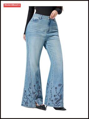 High Rise Flared Bell Bottom Embroidered Paisley Hem Jeans